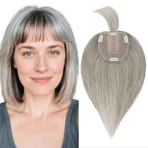 Human Hair Topper for Women, with Silk Base 3.94x4.72, 12 Inches, 4 Clips, for Thinning Hair, with Front Bangs, Salt and Pepper Color, Natural Look