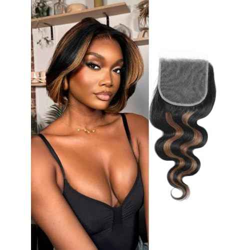 5X5 HD Lace Closure Human Hair Body Wave, 12A Honey Blond Highlight Transparent Deep Part Natural Hairline, 100% Virgin Hair Black With Highlight Color 14 Inches