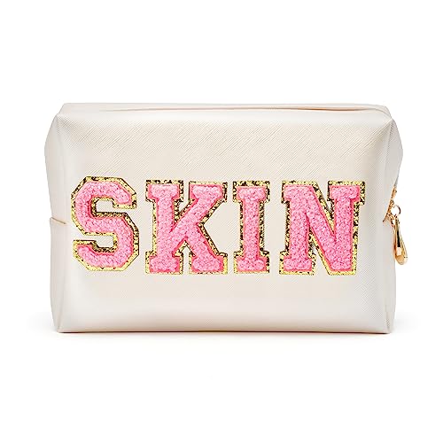 Y1tvei 4Pcs Preppy Patch Varsity Letter Makeup Bag Sewn with Pink Skin Hair Face Stuff Chenille Letter Cosmetic Toiletry Bag PU Leather Waterproof Portable Zipper Purse Travel Organizer for Women Girl