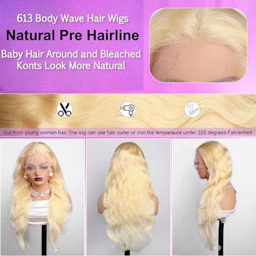 613 Blonde 30 Inch 13X6 HD Lace Front Wigs Human Hair Body Wave 613 Loose Body Wave 13X6 Transparent Lace Frontal Wigs 100% Human Hair Pre Plucked with Baby Hair Daily Wear Wig for Women