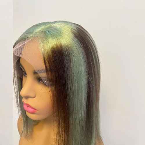 Human Hair Straight Bob #4 Mixed Ombre Bluish Green Colored 13X4 HD Transparent Lace Front Wig with Baby Hair 100% Virgin Glueless Brazilian Hair 150% Density for Black Women 12 Inch