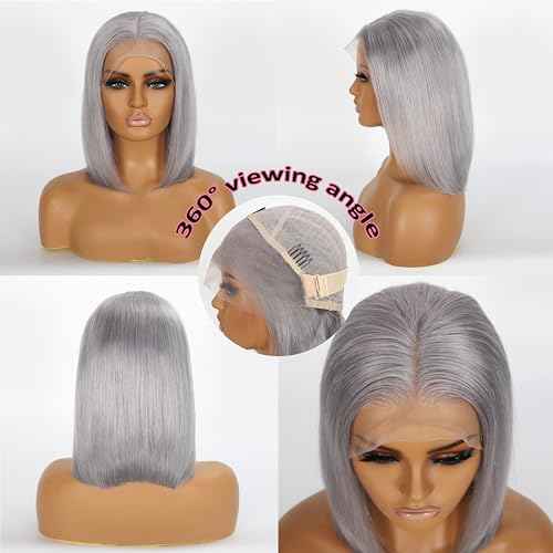 Grey Bob Wig Human Hair 180% Density 13x4 Transparent Lace Frontal Human Hair Wigs for Black Women Pre Plucked 100% Brazilian Virgin Human Hair 8 Inch Grey Color Glueless Short Bob Wig