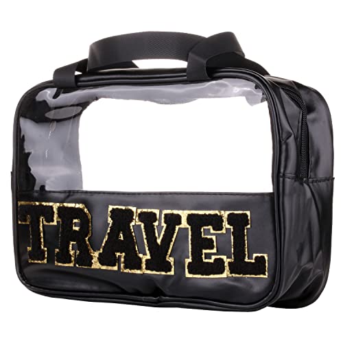 CRUOXIBB Chenille Letter Clear PVC And PU leather Large Travel Cosmetic Toiletry Storage Bag Waterproof Makeup Tote Bag Organizer Bag for Women(TRAVEL-Black)