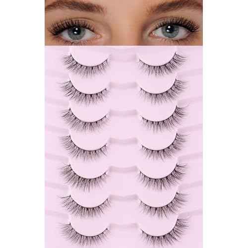Natural Cat Eye Lashes False Eyelashes Natural 12mm Wispy Eyelashes with Thin Band 3D Volume False Lashes Soft Eye Lashes Pack C Curl Natural Eyelashes Fake Lashes 7 Pair EVENTILL