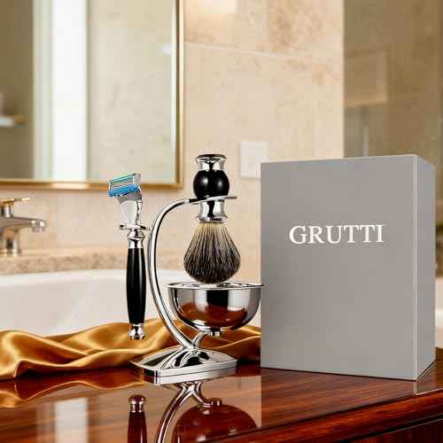 GRUTTI Premium Shaving Kit for Men, 4 in 1 Shaving Set Includes having Stand & Soap Bowl &Brush, Deluxe Safety Mens Razor Holder with Non Slip Base Shaving Kit for Fusion 5