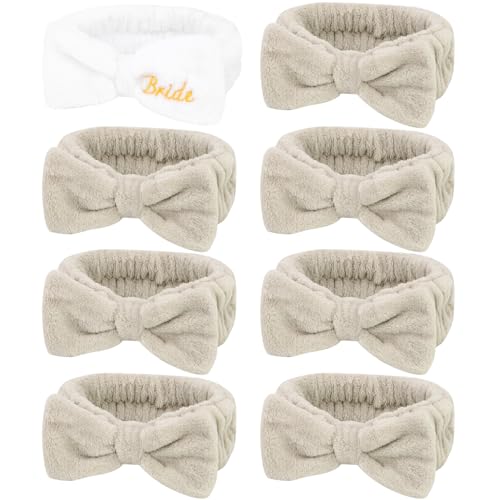 Semato Bachelorette Party Favor Set Bride Spa Headband Bride Headband and Bridesmaid Headband Skincare Headbands for Women Cute Bow Head Bands Party Supplies (1 bride+ 7 Light coffee)