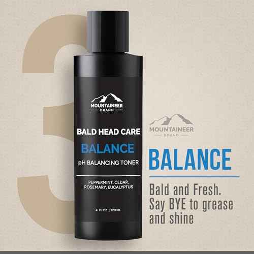 Mountaineer Brand Bald Head Care For Men | All Natural 4 Step Daily Skin Care for Healthy Scalp & Face | Exfoliate and Scrub | Cleanse Wash | Shine Away PH Balance | Protect Moisturizing Balm | 4oz