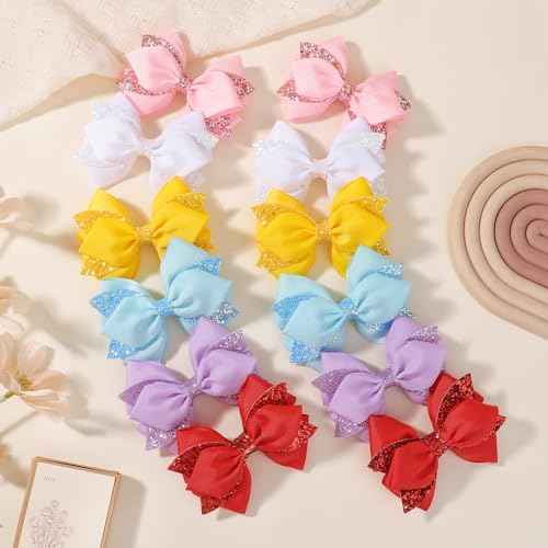 choicbaby 12pcs Hair Bows for Girls Toddler Hair Bows 4" Sequin Ribbon Baby Girl Bows with Alligator Clip Hairpins Accessories for Toddler Baby Girl Kids