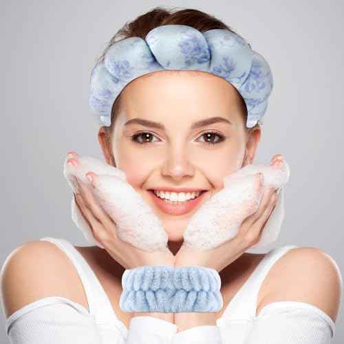 Zkptops Spa Headband for Washing Face Wristband Set Flower Sponge Makeup Skincare Velvet Fabric Bubble Soft Get Ready Hairband for Women Puffy Headwear Non Slip Thick Thin Hair Accessory(Blue Flowers)