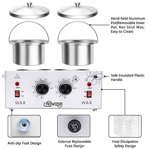 Double Wax Warmer Professional Electric Wax Heater Machine for Hair Removal, Dual Waxing Pot Paraffin Facial Skin Body SPA Salon Equipment with Adjustable Temperature Set