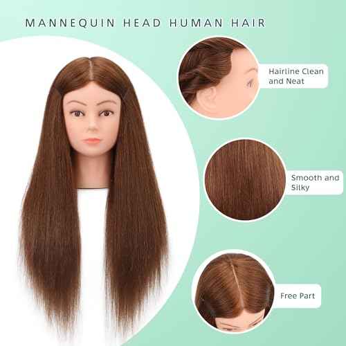 24-26¡¯¡¯ Cosmetology Mannequin Head with 100% Real Human Hair, 100% Human Hair Hairdresser Cosmetology Mannequin Manikin Training Head Hair and Free Clamp Holder