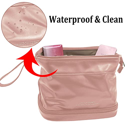 YUHAN PRETTY Large Travel Makeup Bag Double Layer Portable PU Leather Cosmetic Travel Bags Roomy Toiletry Bag for Women Girls(Pink)