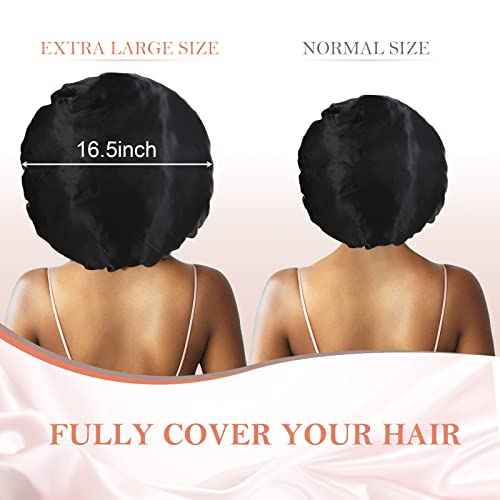 3Pcs Silk Bonnet for Sleeping, Satin Hair Bonnets for Black Curly Hair Women Jumbo Bonnet with Tie Band Braids (Black Leopard Rose-pink)