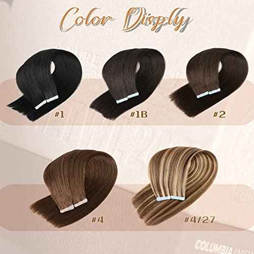 Tape in Hair Extensions Human Hair 4/27 Highlight Brown Straight Tape in Human Hair Extensions Adhesive Glue on Premium Quality Silky Invisible Seamless Skin Weft 16 inches 20pcs 50g/pack