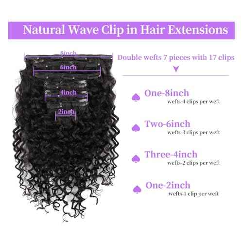 Sassina Natural Wave Clip in Remy Human Hair Extensions Double Weft Invisible Clip in Extensions Real Human Hair Natural Black Virgin Human Hair Extensions for Women 7Pcs 120G 14 Inch