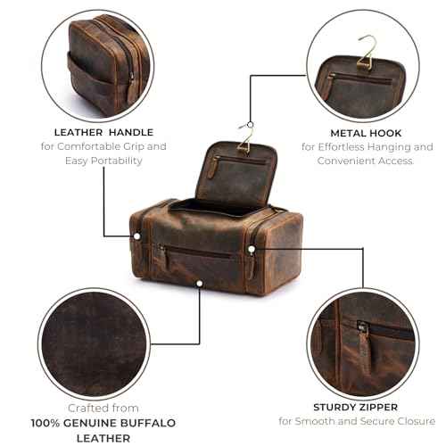 NomadCraftsCo. Large Leather Toiletry Bag for Men - Premium Leather Men's Toiletry Bag for Travel, Dopp Kit, Pouch, Large Travel Organizer