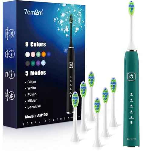 7AM2M Ultrasonic Electric Toothbrush with 6 Brush Heads for Adults&Kids, One Charge for 120 Days, Type-C Charge, 5 Modes, 40000VPM Powered Toothbrush, 2 Minutes Built in Smart Timer (Peacock Green)