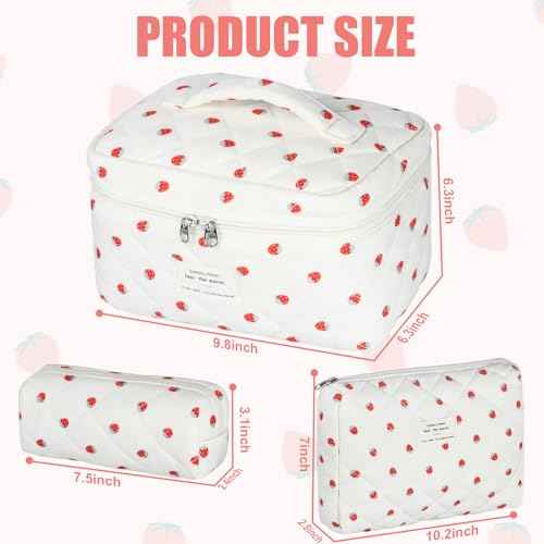Quilted Makeup Bag Set, 3Pcs Large Checkered Corduroy Cosmetic Bags, Cute Coquette Makeup Bag Toiletry Zipper Pouch Bag for Women and Girls Checkered