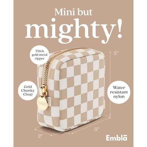 Embla Makeup Bag Travel Cosmetic Bag, Toiletry Bag, Cute Makeup Organizer, Nylon Zipper Pouch Purse Storage Bag Cosmetics Organizer, Womens Make Up Bag Mini Makeup Bags (Sand Checkered)