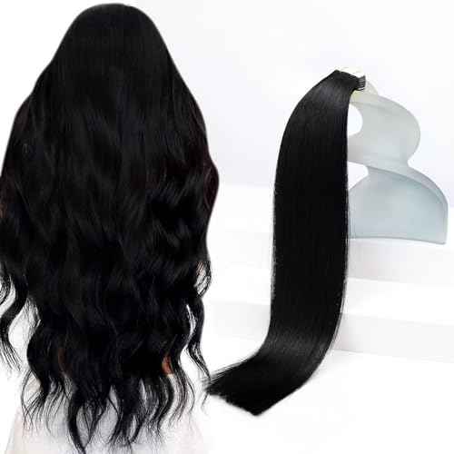 Sunny Hair Tape in Hair Extensions Human Hair 28inch Hair Extensions Real Human Hair Tape in Extensions for Women Jet Black Invisible Remy Hair Natural Straight Skin Weft Double Sided Tapes 20Pcs 50g