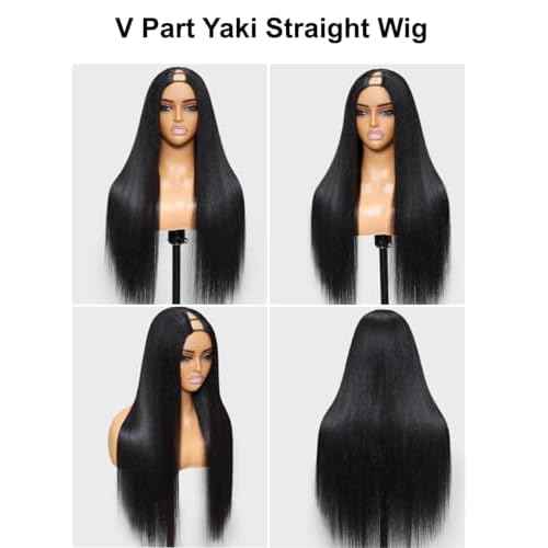 YIROO V Part Wig Yaki Straight Human Hair Wigs for Black Women Upgrade Upart Wig No Leave Out 12A Glueless Kinky Straight 20 Inch