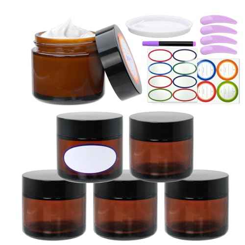 2oz Small Travel Containers with Black Lids,6 Pack Amber Glass Jars with Mini Disposable Spatula for Toiletries£¬Travel Storage£¬Makeup Beauty Products, Lotions, Powders and Ointments