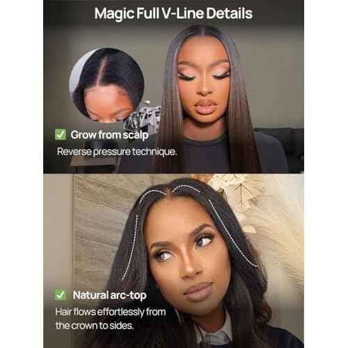 Nadula Yaki Wavy V Part Drawstring Wig Human hair with Blow Out Bangs, Glueless EasiContour Vpart Wigs No Leave Out Beginner Friendly Clip In V Shape Wigs Upgrade Wavy U Part Wig 150% Density 18inch