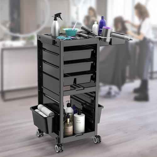 Salon Trolley Salon Cart on Wheels Rolling Tray Large Storage Salon Trolley W/Hair Dryer Holder, 4 Remove Drawers, 2 Buckets for Salon Spa Store