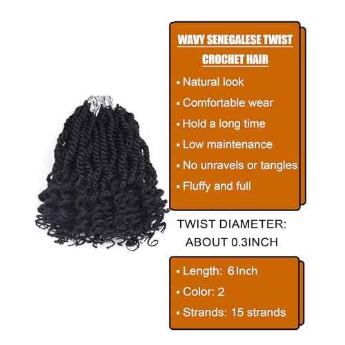 6 Inch Wavy Senegalese Twist Crochet Hair Color 2 Short Crochet Braids for Black Women 8 Packs Pre Looped Bob Kinky Twist Crochet Hair with Curly Ends for Kids (6 Inch,2)