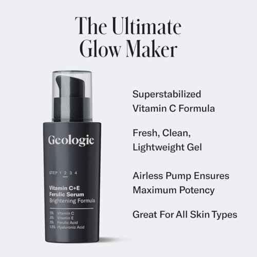 Geologie Vitamin C+E Ferulic Acid Face Serum | Brightening & Firming Anti-Aging Gel Formula | 5% Light-Protected & Stabilized Vitamin C , 0.5% Vitamin E, 1.5% Hyaluronic Acid | 30 ML