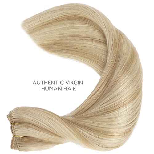 WENNALIFE Sew in Hair Extensions Real Human Hair, 22 Inch 110g Light Blonde Highlighted Golden Blonde Machine Weft Remy Hair Hand Tied Weft Straight Extensiones De Cabello Hmano