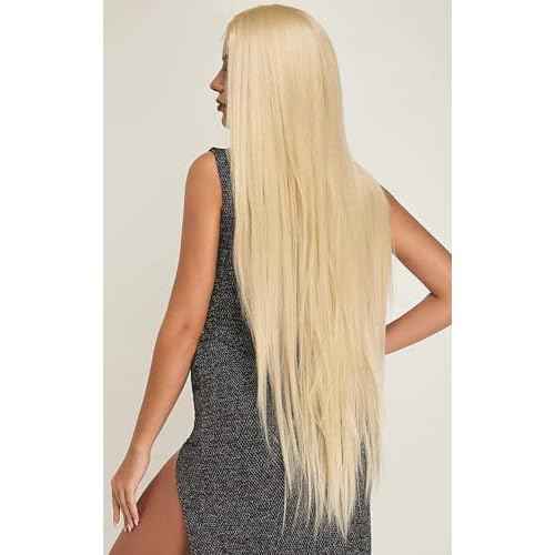 Ebingoo 40 inch Long Blonde Lace Front Wig + Wig Cap Platinum Blonde Lace Front Wig Long Blonde Straight Wig Synthetic Blonde Wig with Middle Part for Women Girls Daily Wear Party