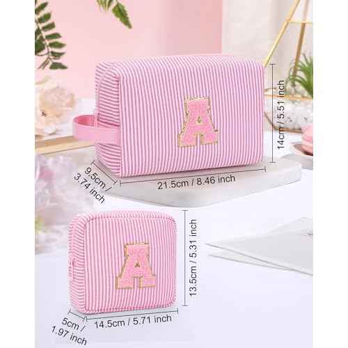 MONSTINA Mom Gifts for Mom, Personalized Initial Makeup Bag Cosmetic Bags for Women Cute|Makeup Pouch Birthday Gifts for Mother,Birthday Gift for Her Cute Toiletry Bag,2PCS Pink M
