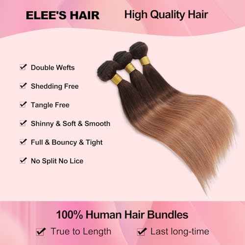 12A Ombre Human Hair Bundles with Closure 2 Tone Ombre 100% Unprocessed Brazilian Virgin Remy Human Hair Straight Human Bundles with Lace Closure Free Part (16 18 20 +14)