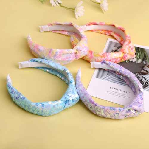 Fishown Knot Headband for Girls, 4 Pack Flower Knotted Hairbands for Kids Girls,Cute Sequined Headbands for Teens Women