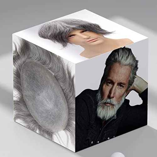 Men toupee Toupee for Men 0.06mm Ultra Soft Transparent Thin Skin All V-looped Natural Hairline Mens Hairpieces European Virgin Human Hair Systems Wigs 8x10 inches (1B Mixed 70% Grey White Hair)