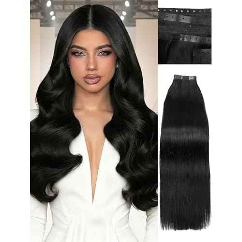 OVO Hair Extensions Remy Human Hair PU Holes Wefts with Micro Beads 100% Human Hair Volume Upgrade Seamless Invisible Extension with Tools Cut to Fit Weft No Tape Reusable (Black 18 Inch 100g)