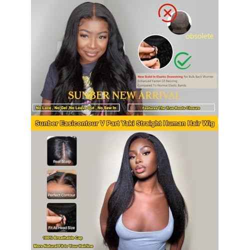 Sunber EasiContour Yaki Straight V Part Human Hair Glueless Wigs with Drawstring No Leave Out No Gel 180% Density Vpart light yaki straight Clip In Half Wigs No Leave Out Real Scalp V Shape 20Inch