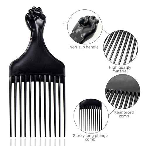 Soft 'N Style Plastic Hair Pick Combs for Women and Men - 3 Pack Black Detangling Combs for Afro, Curly Hair Braiding and Styling