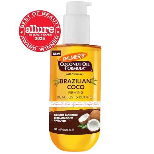 Palmer's Coconut Oil Formula Brazilian Coco Firming Body Oil with Vitamin E, 6.5 Fl Oz, Helps with Skin Tightening & Firming of Bum, Bust & Belly, Provides 48Hr Moisture, Dermatologist Approved