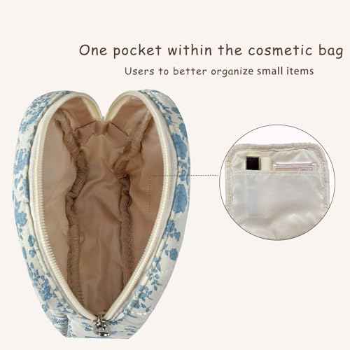Small Quilted Cotton Makeup Bag for Purse, Cosmetic Bag with Compartments, Cotton Aesthetic Makeup Bag, Travel Toiletry Pouch, Key Pocket Lipstick Bag Card Holder Data Cable Organizer£¨01White Bear£©