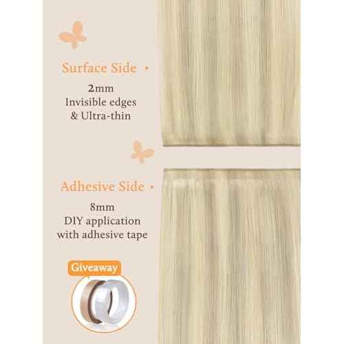 DOORES Genius Seamless Weft Hair Extensions Human Hair, Ash Blonde Highlighted Platinum Blonde 20 Inch 60g, Invisible Tape in Weft Extensions Long Wide