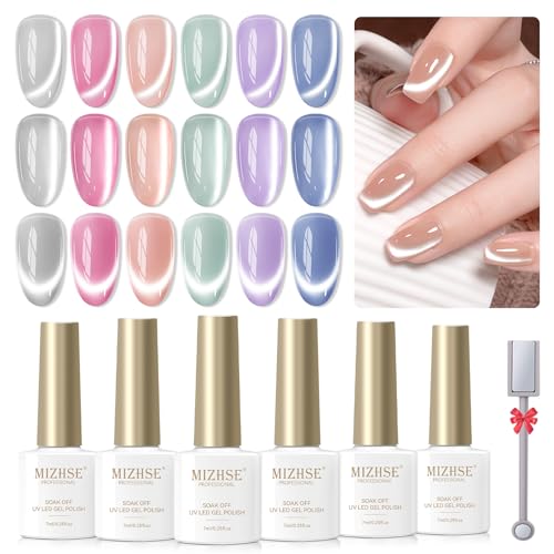 MIZHSE Cat Eye Gel Nail Polish Moonlight 6 Colors Ceramic Magnetic Gel Polish Set with Magnet Stick Crystal Silver Champagne Pink Green Blue Purple Magnetic French Gel Nail Polish Kit Gift Set