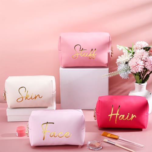 Aliceset 4 Pcs Preppy Makeup Bags Set Cute Makeup Pouchs Travel Cosmetic Bags Face Skin Hair Stuff Aesthetic Makeup Bags, PU Leather Waterproof Zipper Toiletry Pouch Gifts for Women Girl(Bright Pink)