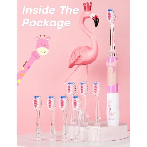SEAGO Kids Electric Toothbrush with 2 Mins Brushing Timer and 8 Replacement Bursh Heads,Rainbow LED Light Make Brushing Fun, Pink Color Girls Battery Powerd Toothbrush for 4-12 Years Old