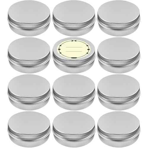 TUZAZO 12Pack 2 Oz Aluminum Tin Cans with Screw Lid and Labels, Refillable Travel Sized Cosmetic Containers Small Tins for Salves, Lotion Bars, Beard Balms, Candles