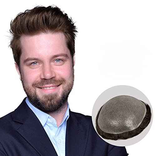 Amiable toupee for men 0.02-0.04mm Ultra Thin Skin Mens Hairpieces 100% European Virgin Human Hair System for Men Soft Skin V-looped mens toupee human hair mens hair piece Color#5 Dark Blonde