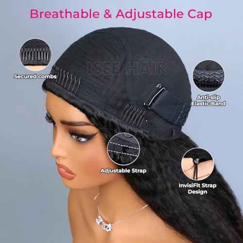 ISEE 3 In 1 Half Wig Kinky Straight Glueless Wigs Human Hair Comfortable Fit No Glue Needed Wear & Go Seamless Clip In Wigs 16 Inch