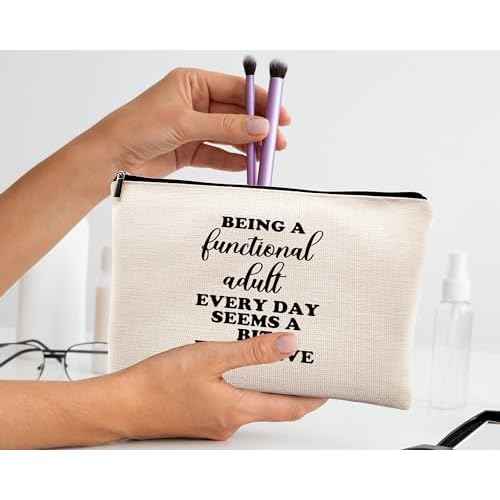 kdqua Funny Adult Humor Gifts for Women Makeup Bag, Being a Functional Adult Everyday Seems a Bit Excessive Linen Cosmetic Bag Zipper Pouch Travel Toiletry Bag, Gifts for Women Girls Sister Sisters