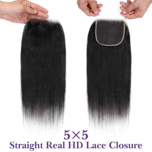 5x5 HD Lace Closure 16 Inch, SKINLIKE 0.095mm Ultra-thin Invisible Real Swiss Lace Closure Only,Straight RAW Virgin Human Hair Single Knot Pre-Plucked with Baby Hair